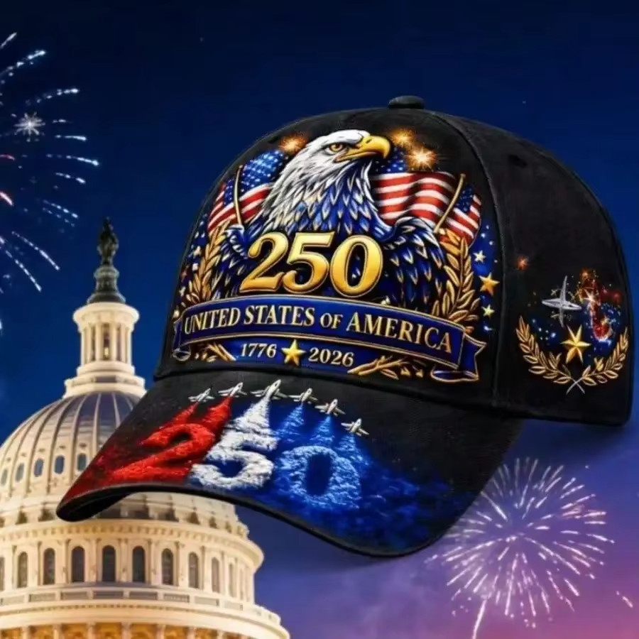 250th Anniversary American Baseball Cap, 1776-2026 Flag Golden Eagle Jet Plane D
