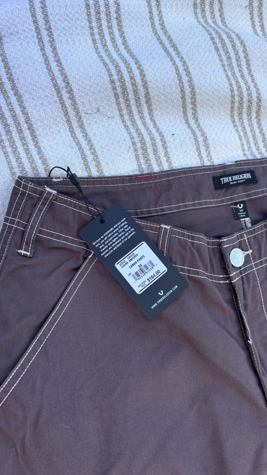 True Religion Men’s Bracken Brown Wide Cargo Pants, Size 34
