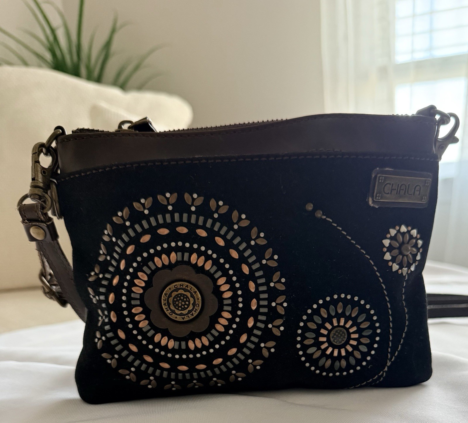 Chala Black & Brown Floral Medallion Crossbody Bag, embroidered