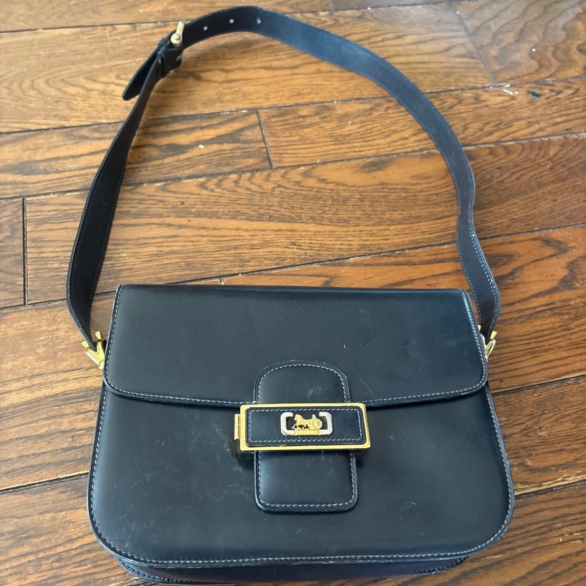 CELINE Shoulder Bag Horse Carriage Leather Black Gold Hardware Authentic Vintage