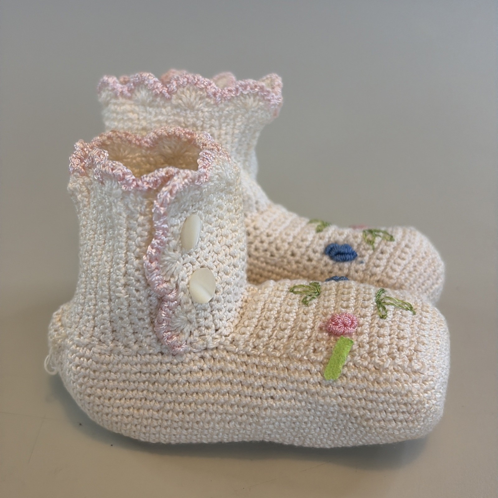 Vintage Hand Crocheted Ivory Pink Blue Flower Infant Booties