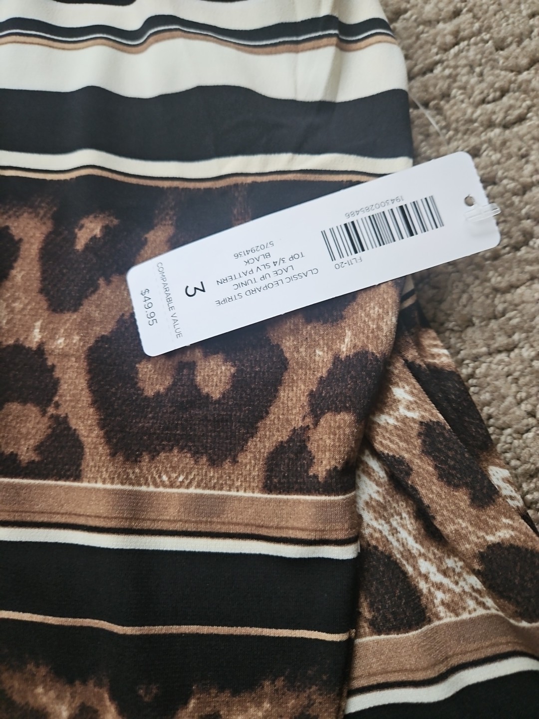 Chico’s Classic Leopard Stripe Lace Up Tunic 3/4 Sleeve Sz 3 16 XL NWT
