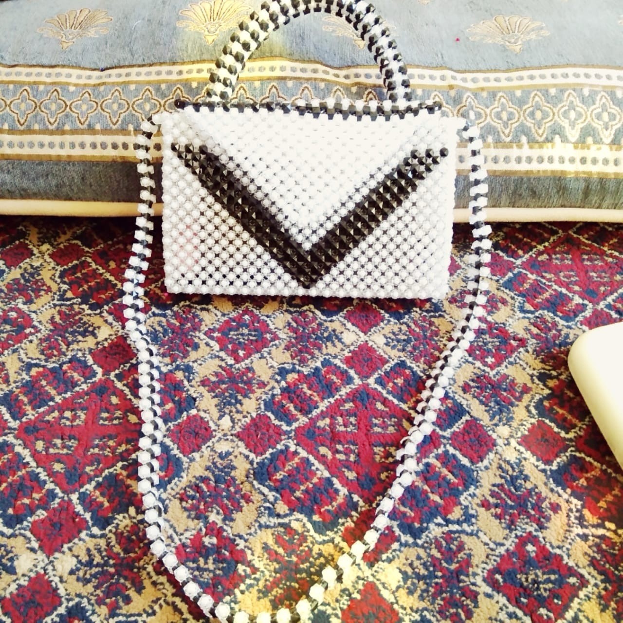 Women’s Beaded Top Handle Bag Rectangle Solid Red/White/Orange Gold, Strap