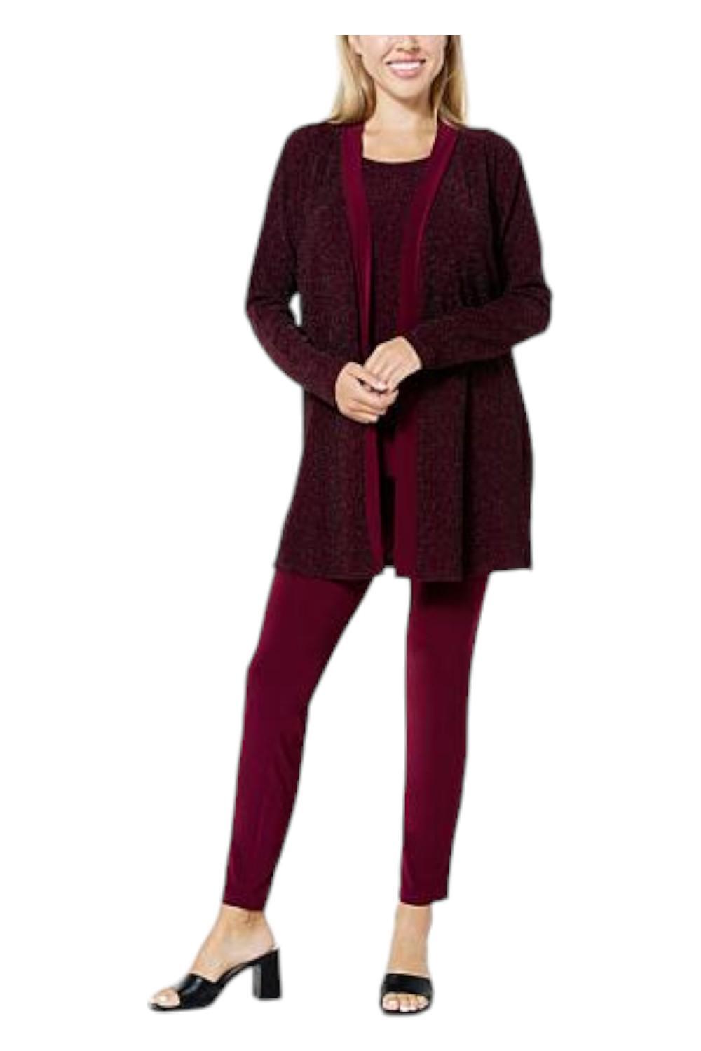 NinaLeonard Women’s 3-pc Glitter Knit Cardigan Tank&Pant Set DeepWine
