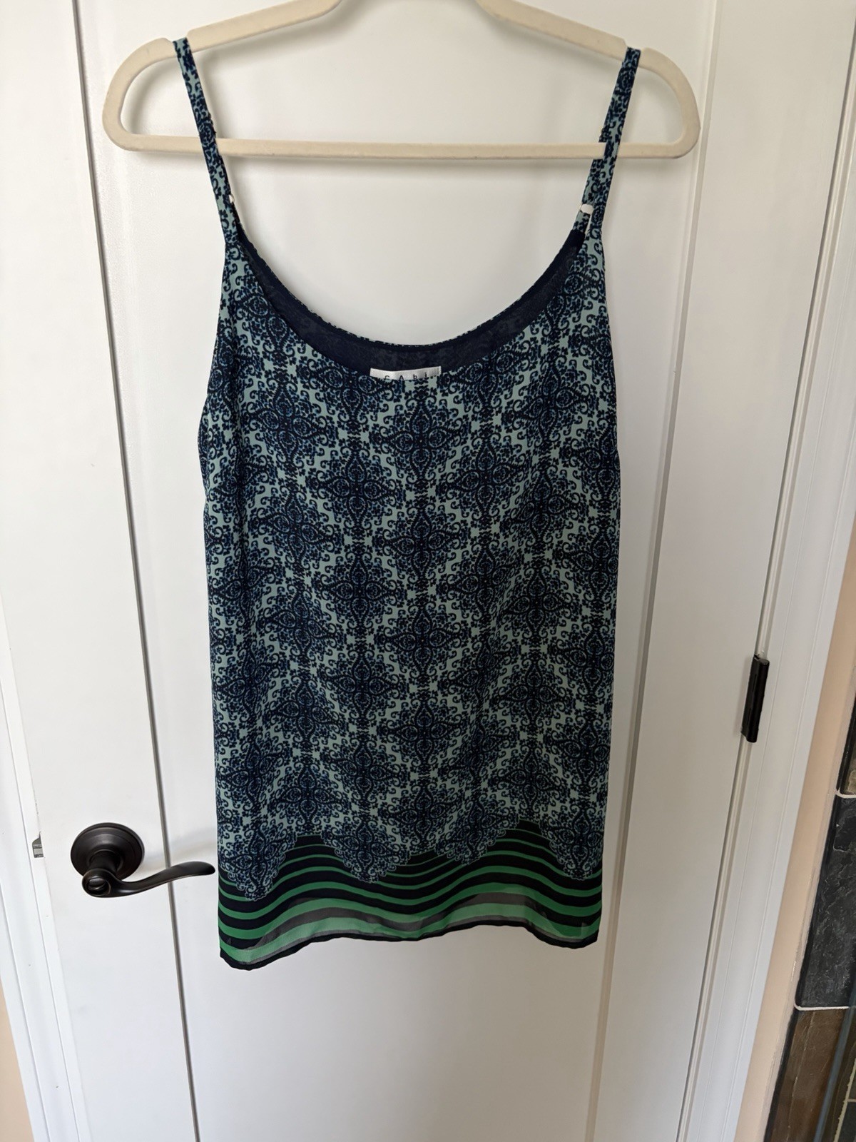 NWT CAbi Women’s Tank Navy Blue Green L 107 Border Stripe Cami Geometric Boho
