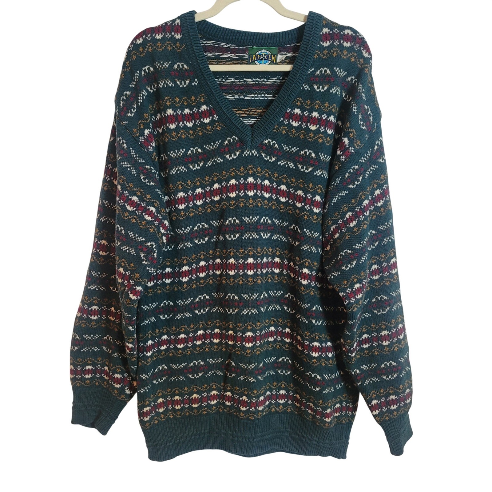 Jantzen Mens Vintage Green Fair Isle V-Neck Sweater Large Tall Eclectic Grandpa