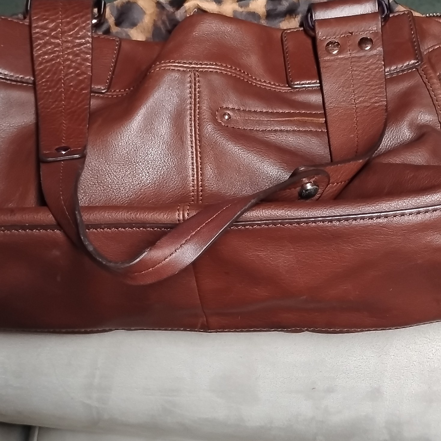 B. Makowsky Large Brown Pebbled Satchel, Leopard Lined, Zip, Detach Strap