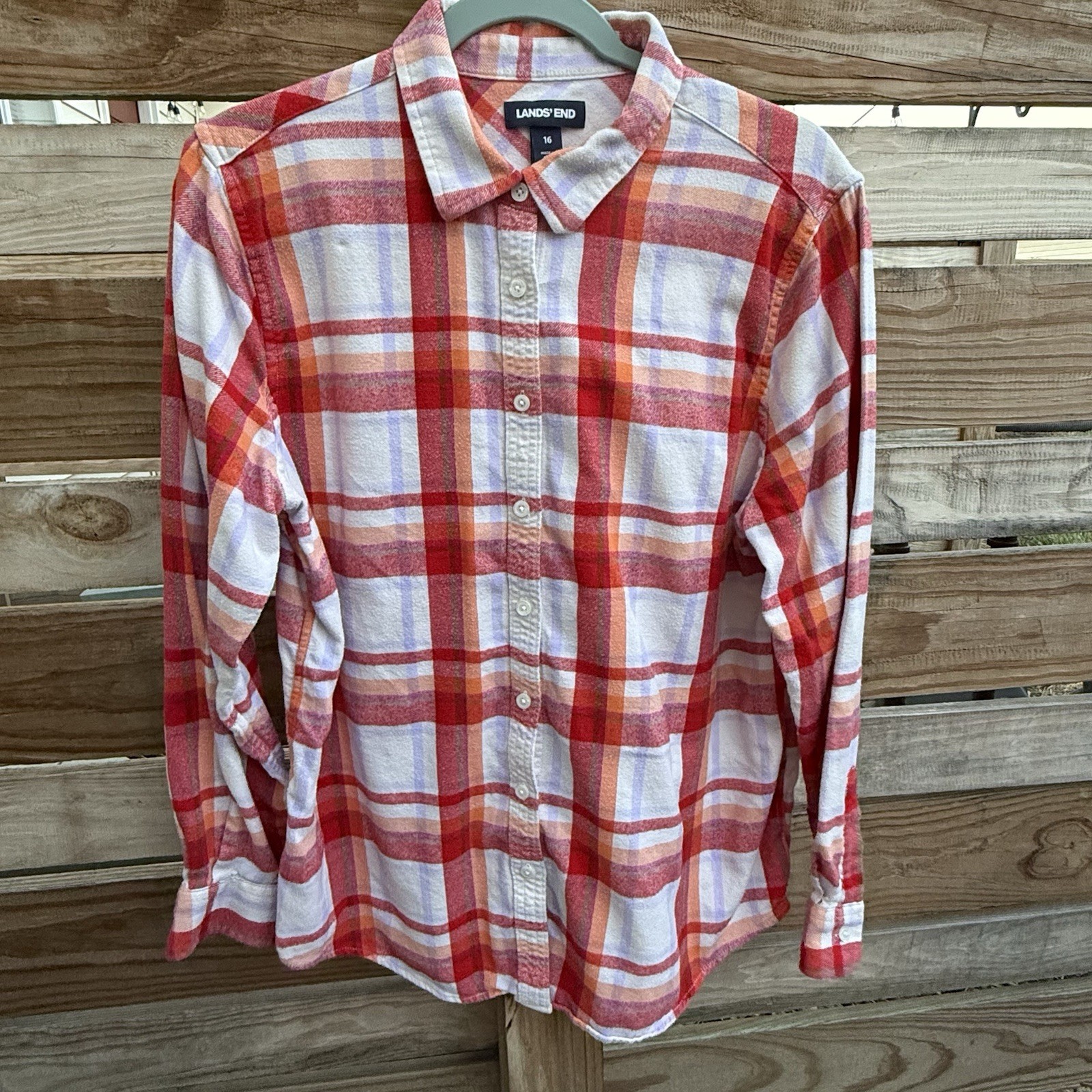 Lands’ End Women’s 16 Plaid Flannel Button-Front Collared Shirt Camping Outdoors