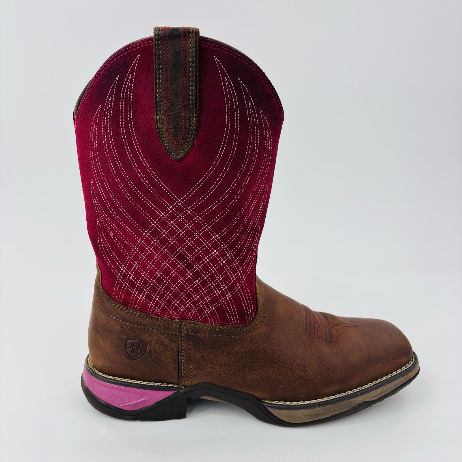 Womens 9 B Ariat Anthem Pink Brown Leather Square Toe Cowboy Boot Slip Resistant