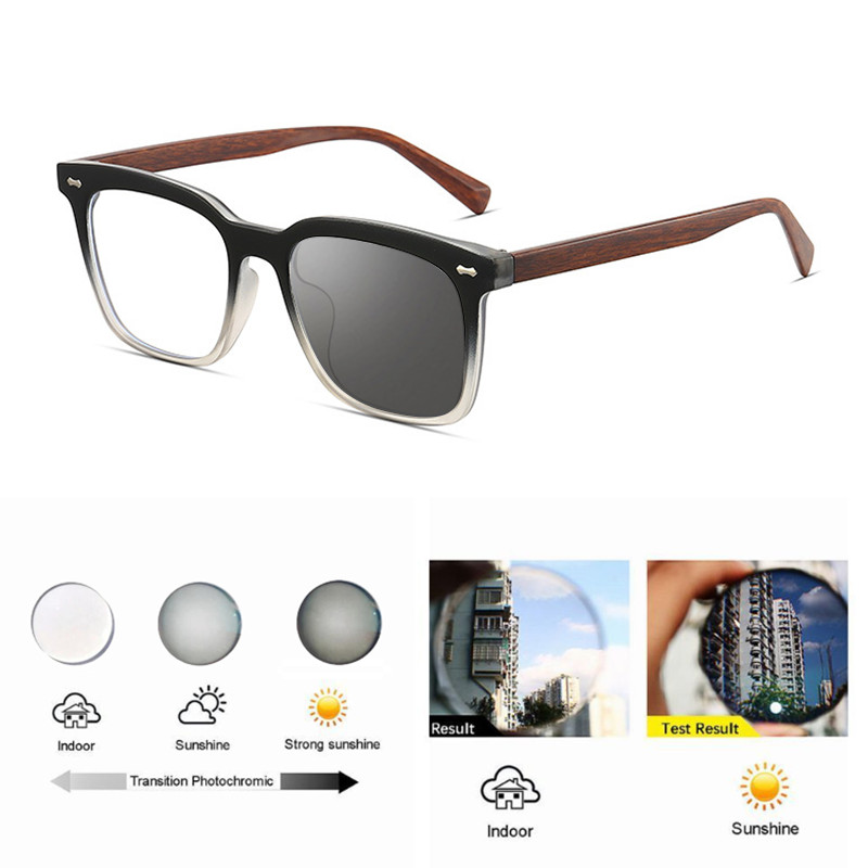 TR90 Photochromic Presbyopic Glasses Men Imitation Wood Square Sunglasses Reader