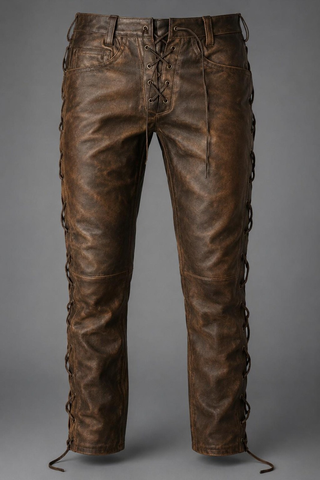 Distressed Vintage Brown Men’s Sheep Leather Side Laces Leather Biker Trousers