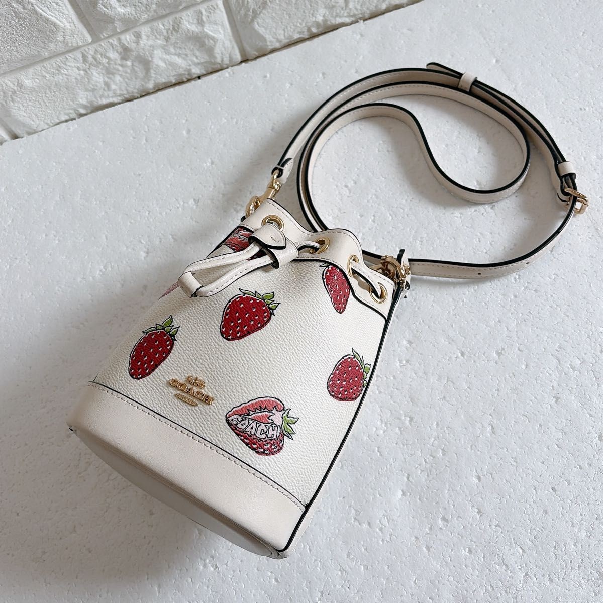 COACH CAL11 Mini Bucket Bag Strawberry Print Canvas Leather White/Red 14×16.5×9