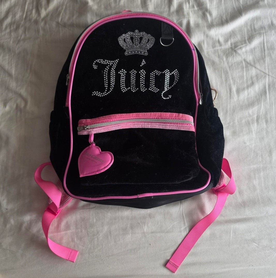 Juicy Couture Girls Black/Pink Velvet Rhinestone Logo Small Zip Backpack
