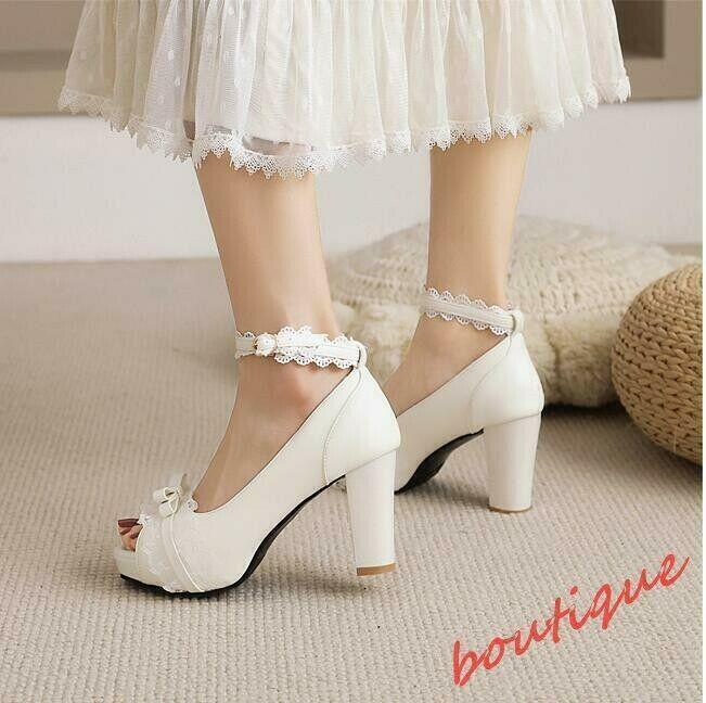 Chic Womens Lace Bowknot Sandals Peep Toe Dress Party Casual Faux Leather Shoes