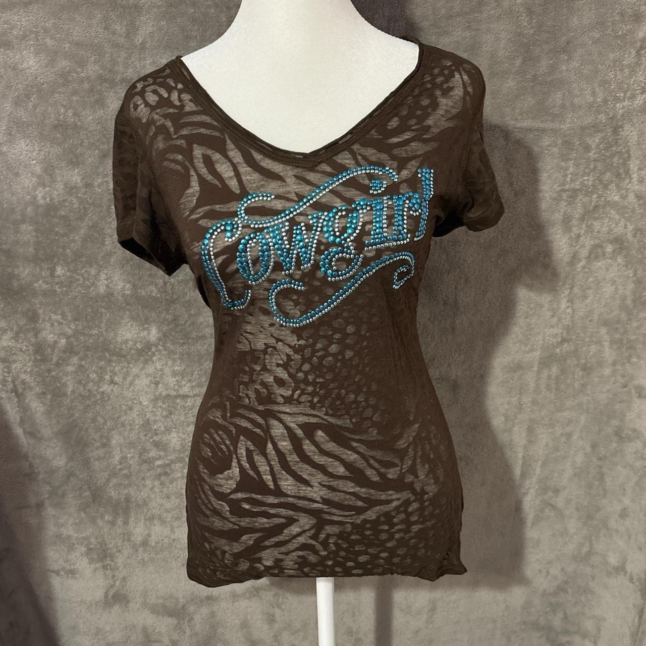 Vintage Y2k Western Sheer Rhinestone Mcbling Cowgirl Tee