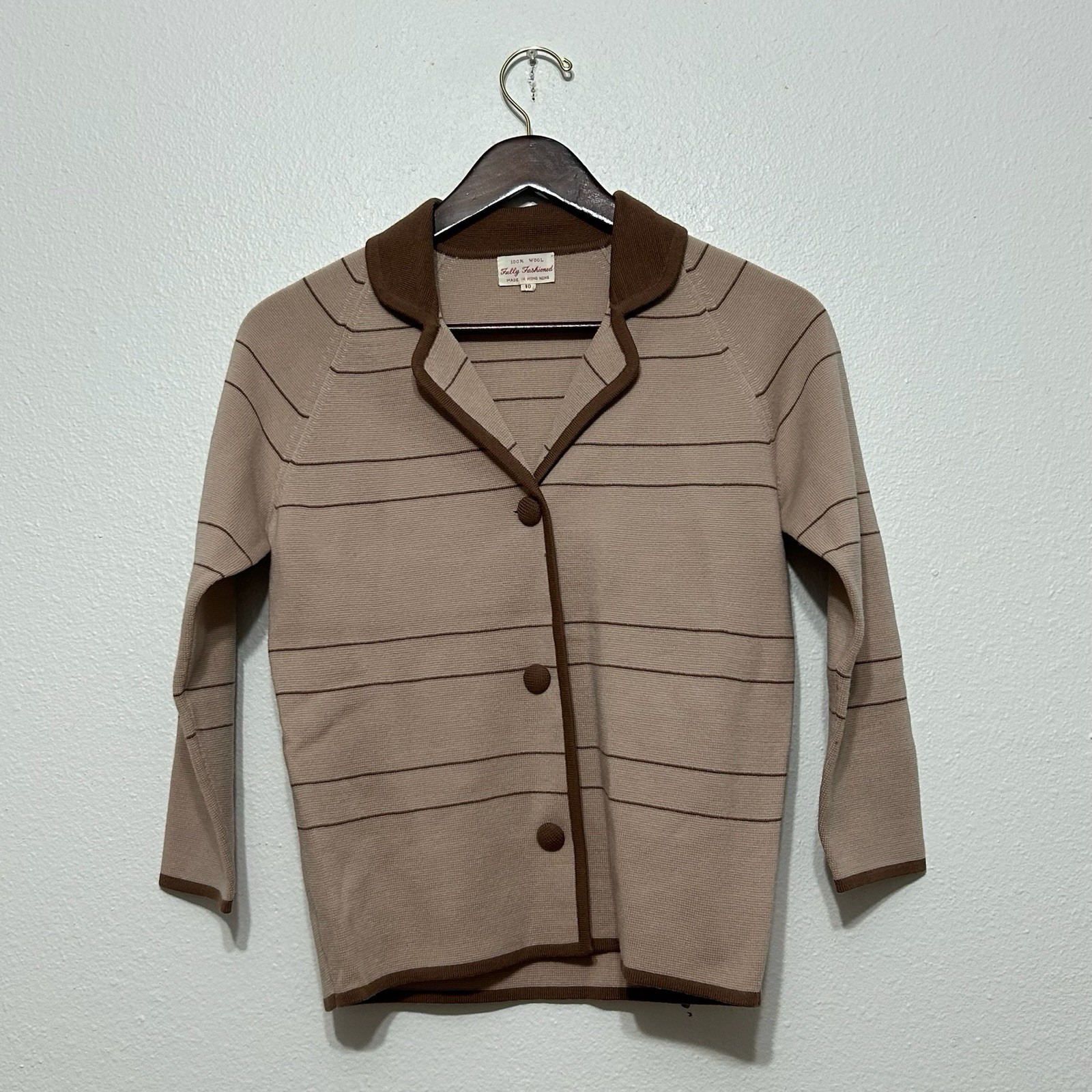 Fully Fashioned Tan & Brown 100% Wool Button Up Cardigan Womens Size 10