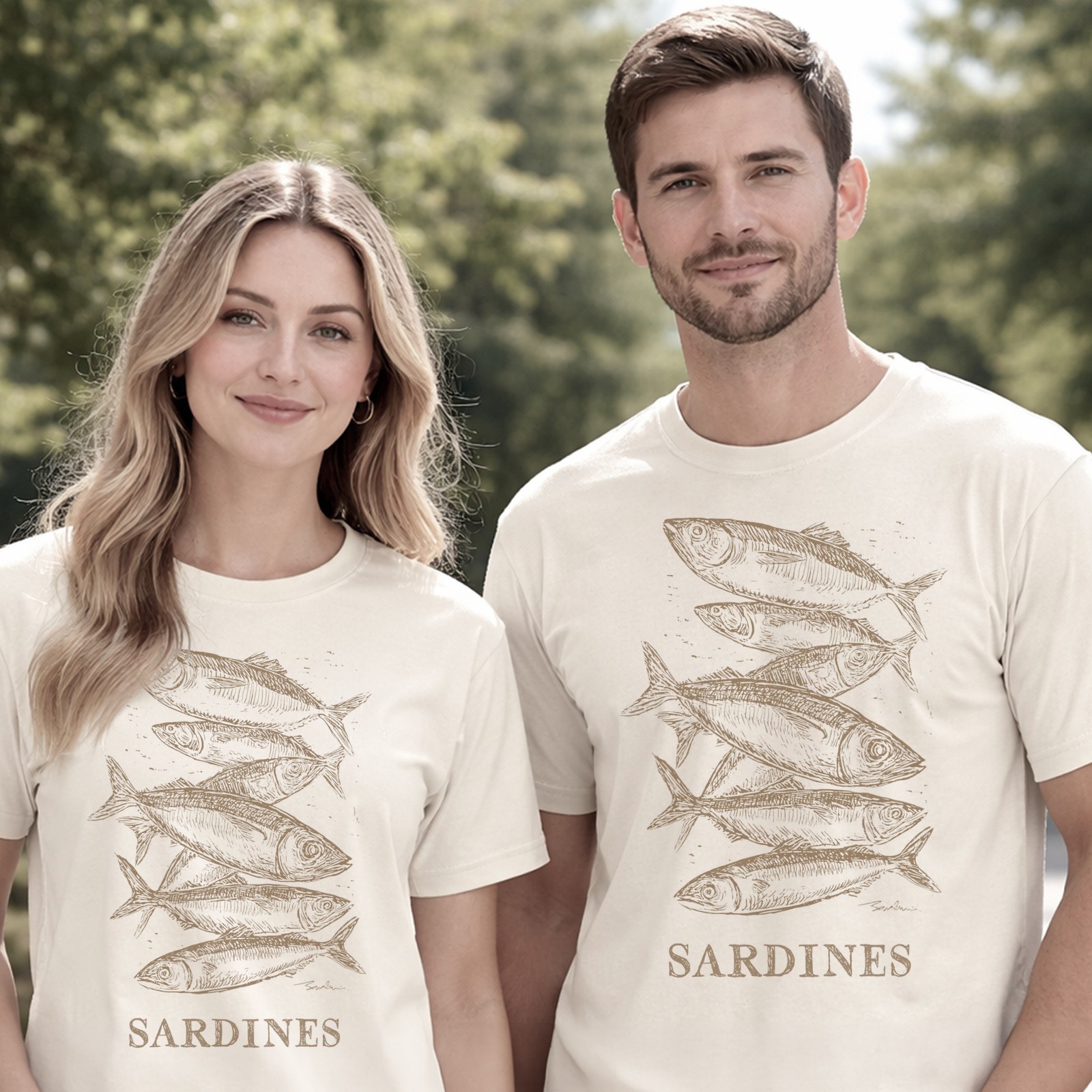 Sardines Graphic Tee Line Art Fish Design Bay Blue Shirt