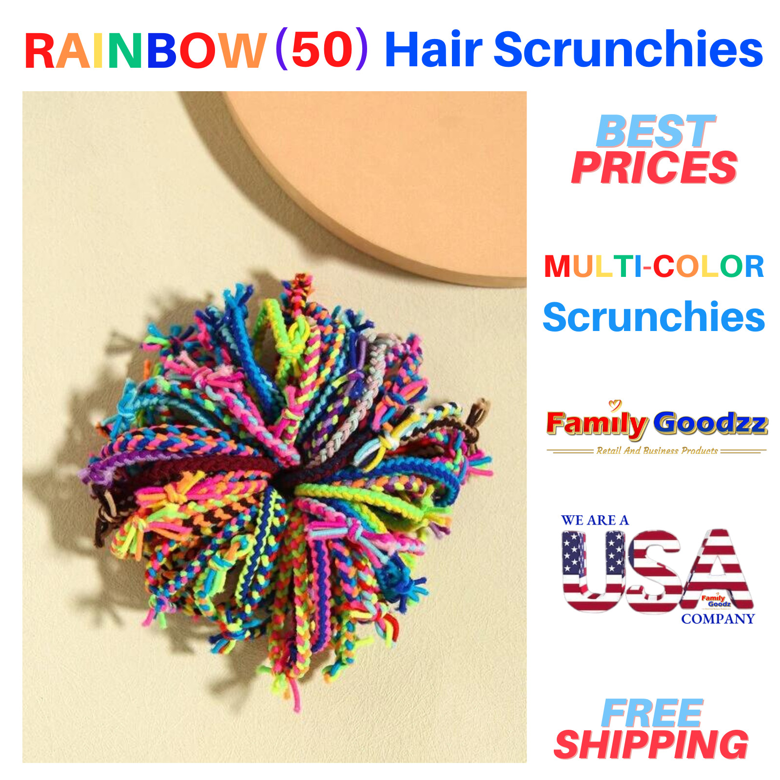 🌈 50 PCS Ponytail Holder Hair Ties Elastic Hair Rainbow Scrunchies, Band Rope