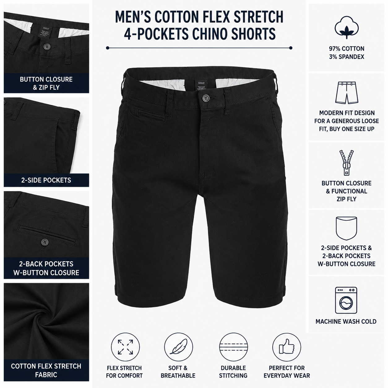 Mens Cotton Flex Stretch 4-Pockets Chino Shorts (Sizes 30-42) NEW FREE SHIPPING