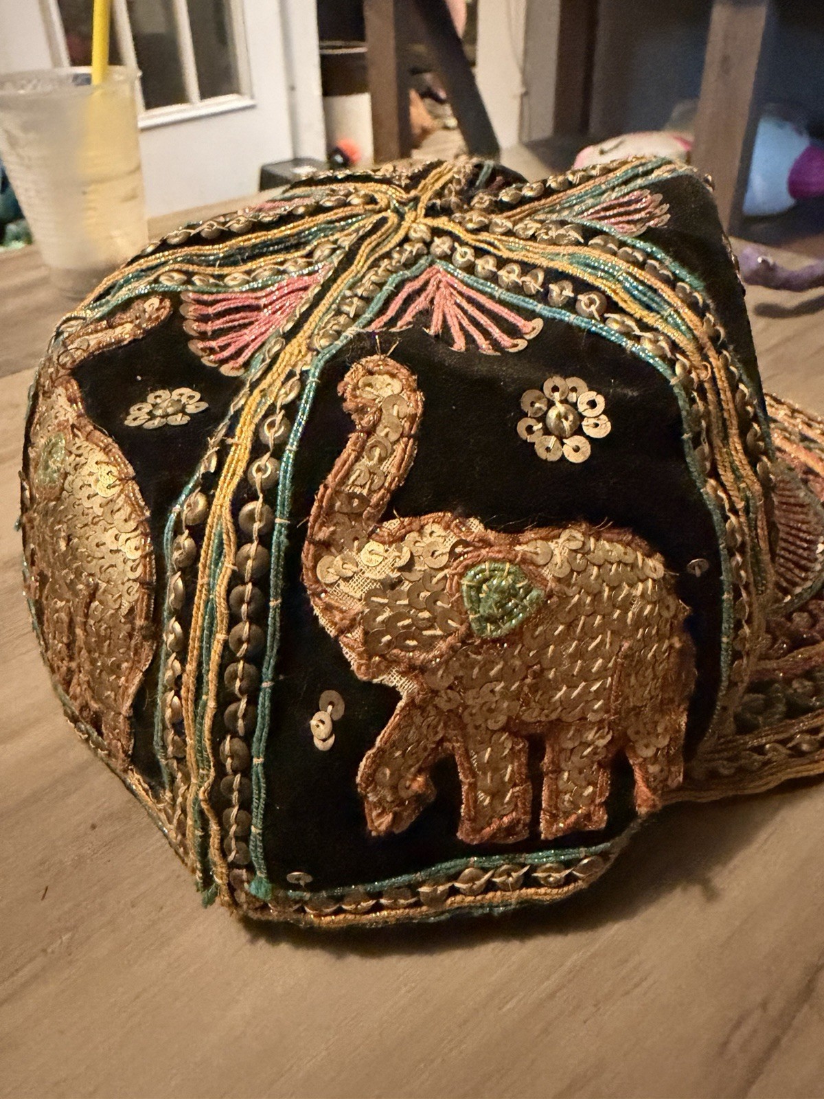 Vintage Sequined Hand Stitched Elephant Hat Made In Myanmar Burma