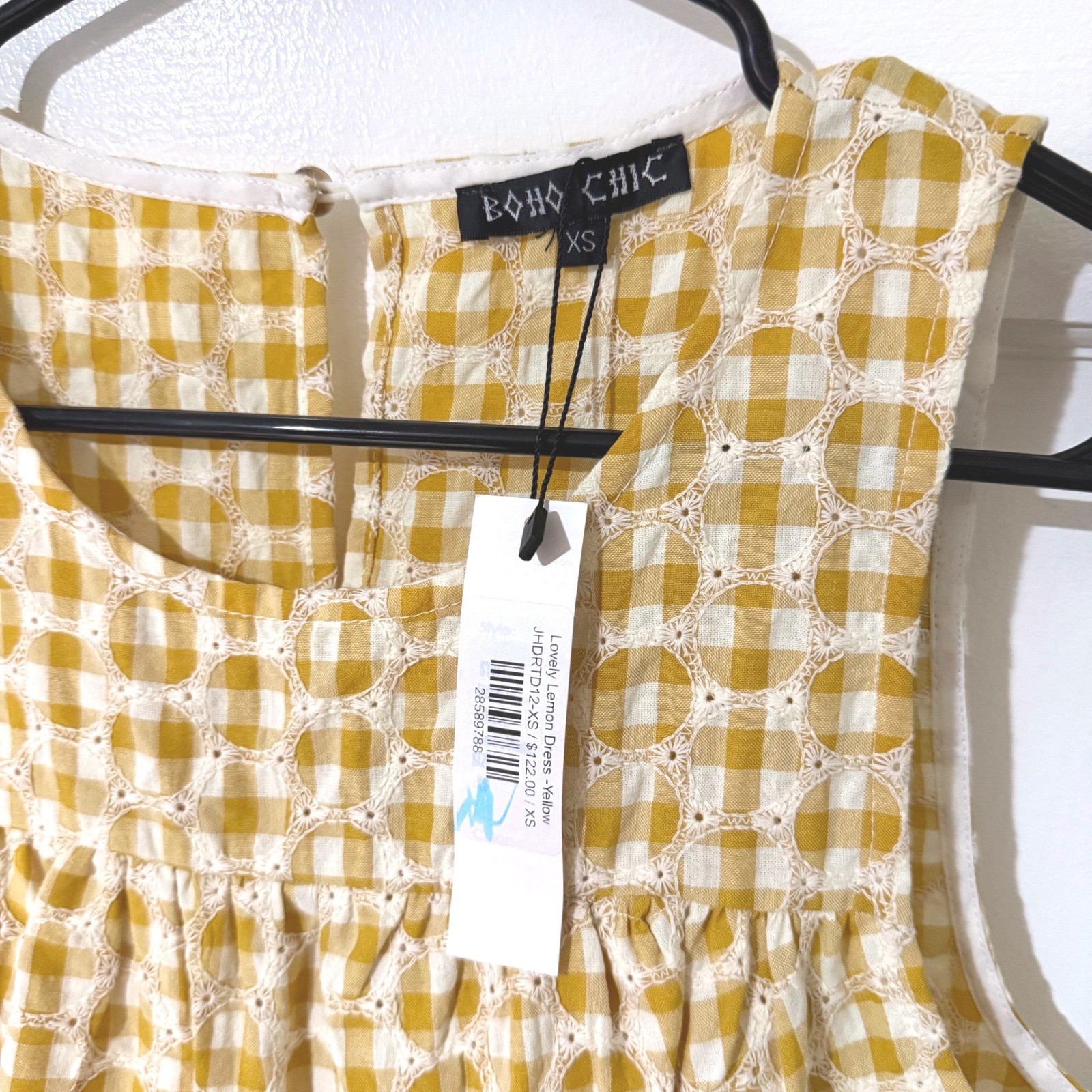 Boho Chic Lovely Lemon Yellow Gingham Eyelet Tiered Mini Dress XS NWT XS