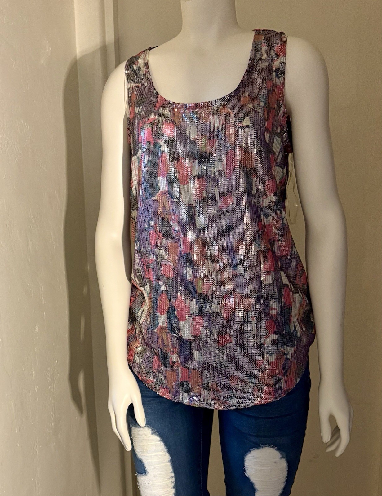 Fun & Flirt Women’s M Multicolor Abstract Scoop Neck Sleeveless Chiffon Tank