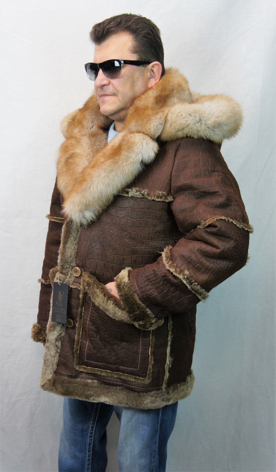 WHISKEY REAL SHEEPSKIN SHEARLING LEATHER REAL FOX MARLBORO TRENCH Coat S-8XL