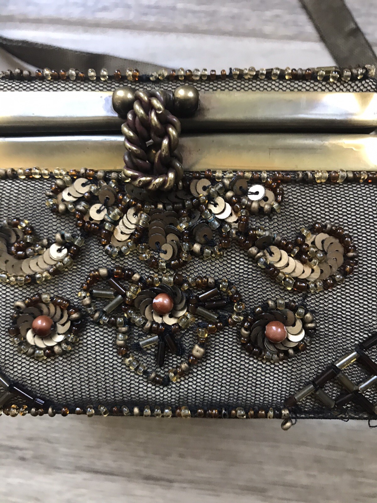Indian Beaded Sequin Bronze Silk Wide Hipped Pouch Purse Elegant Evening