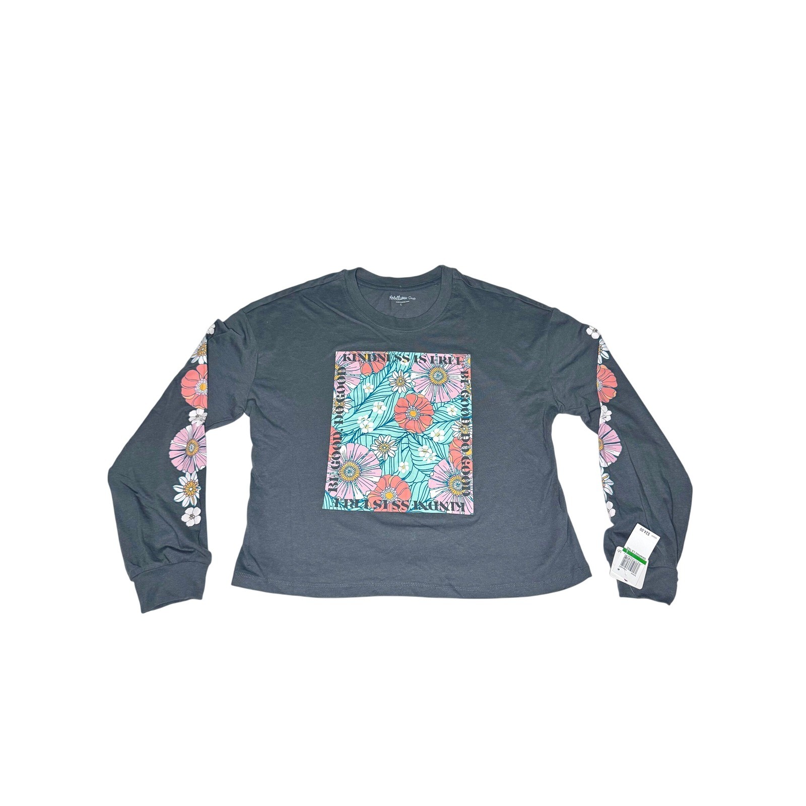 Rebellious One Womens Kindness Is Free Floral Long Sleeve Graphic Tee Gray L NWT