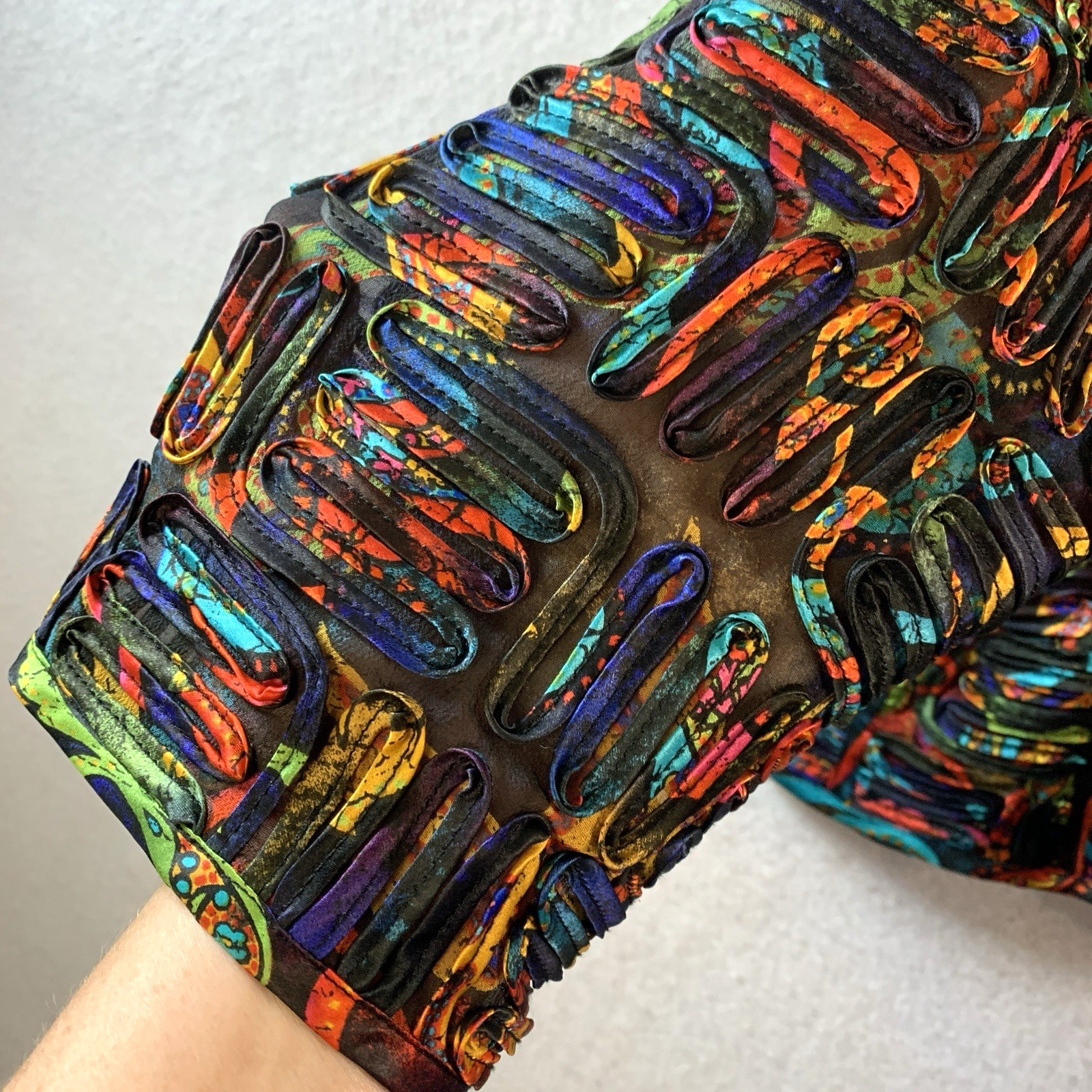 Womens Semi Sheer 100% Silk Top Layer Sz L Colorful Artsian Boho Statement Event