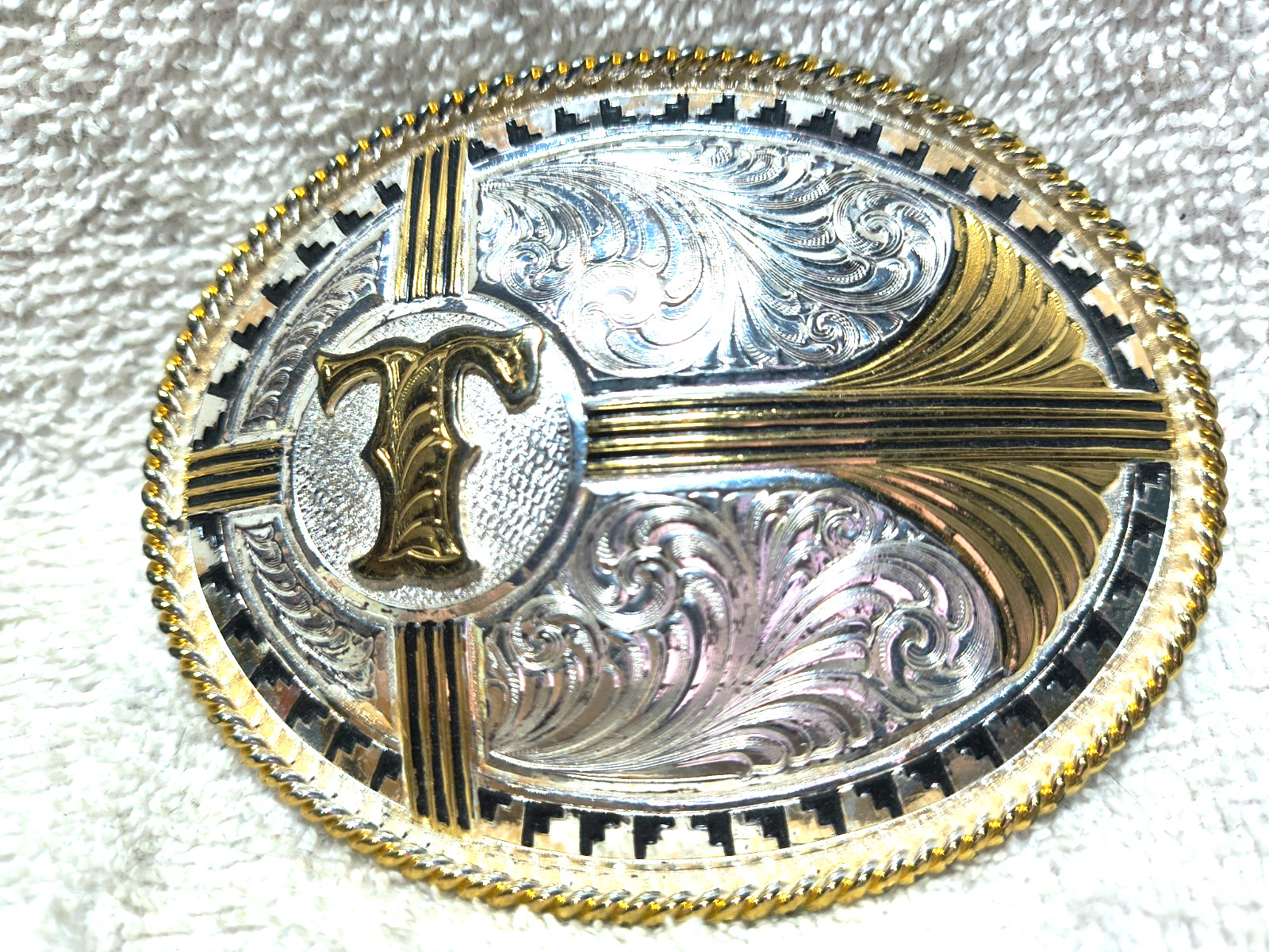 Montana Silversmiths Letter T Buckle Aztec Rope Edge Silver Gold Oval Vintage