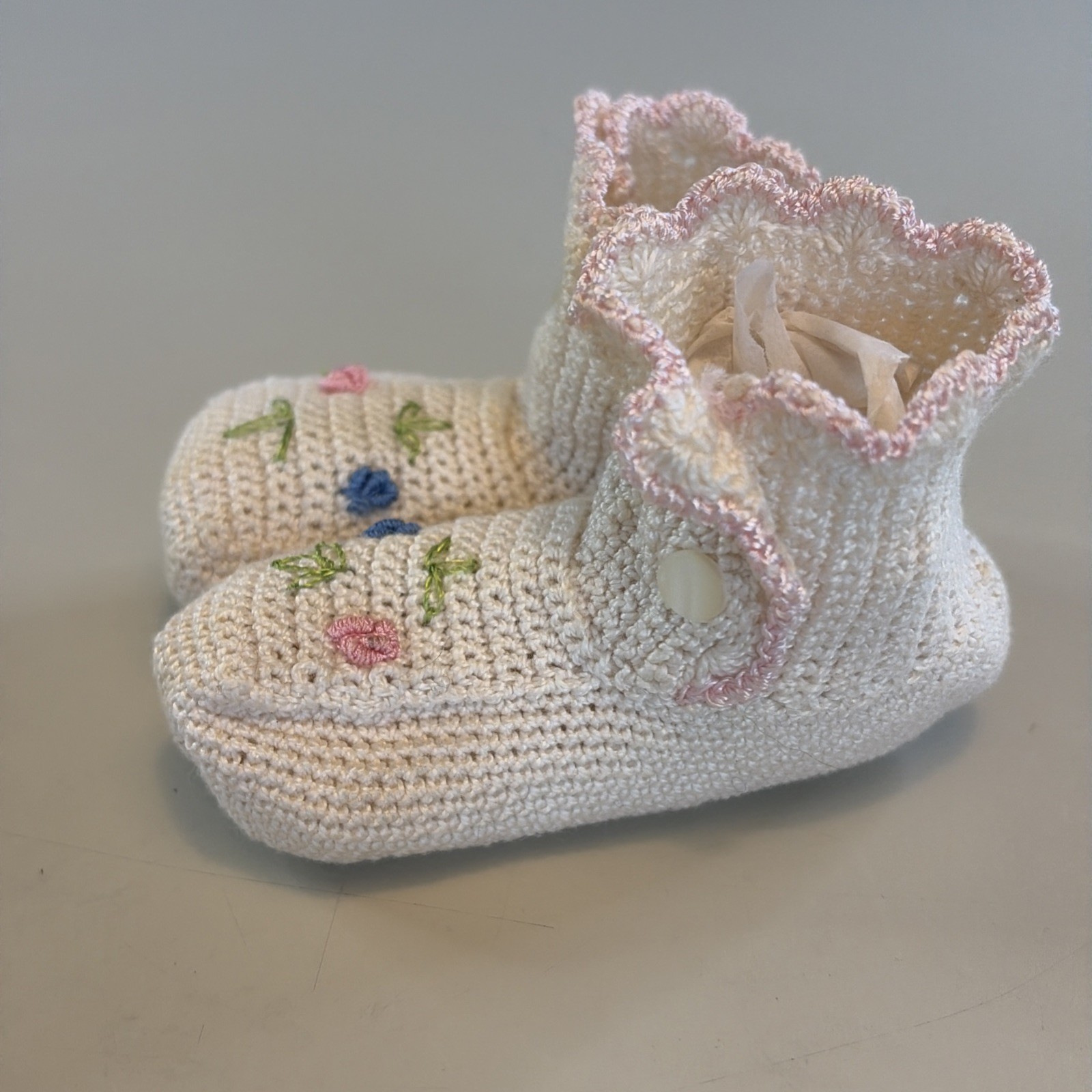 Vintage Hand Crocheted Ivory Pink Blue Flower Infant Booties
