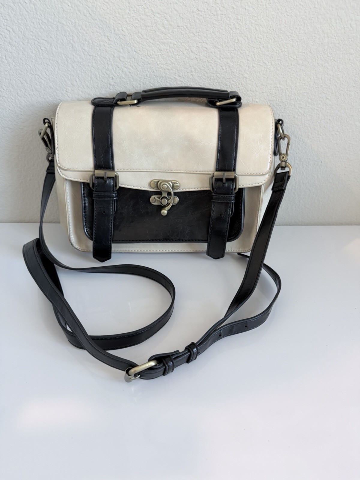 ECOSUSI Beige Black Satchel Crossbody Bag Vintage Style Top Handle Purse