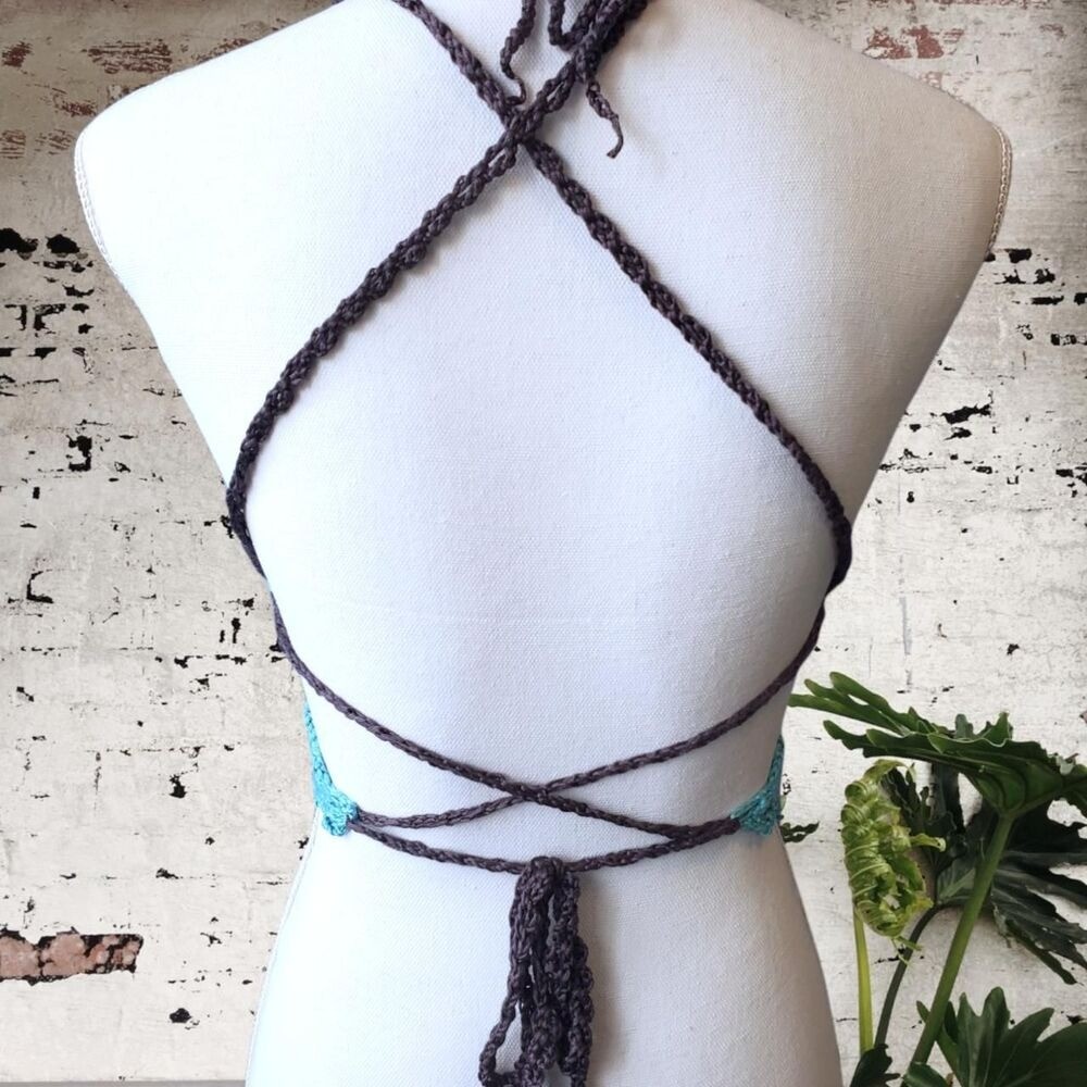 Handmade Crochet Butterfly Crop Top – Green & dark gray – Festival Fit