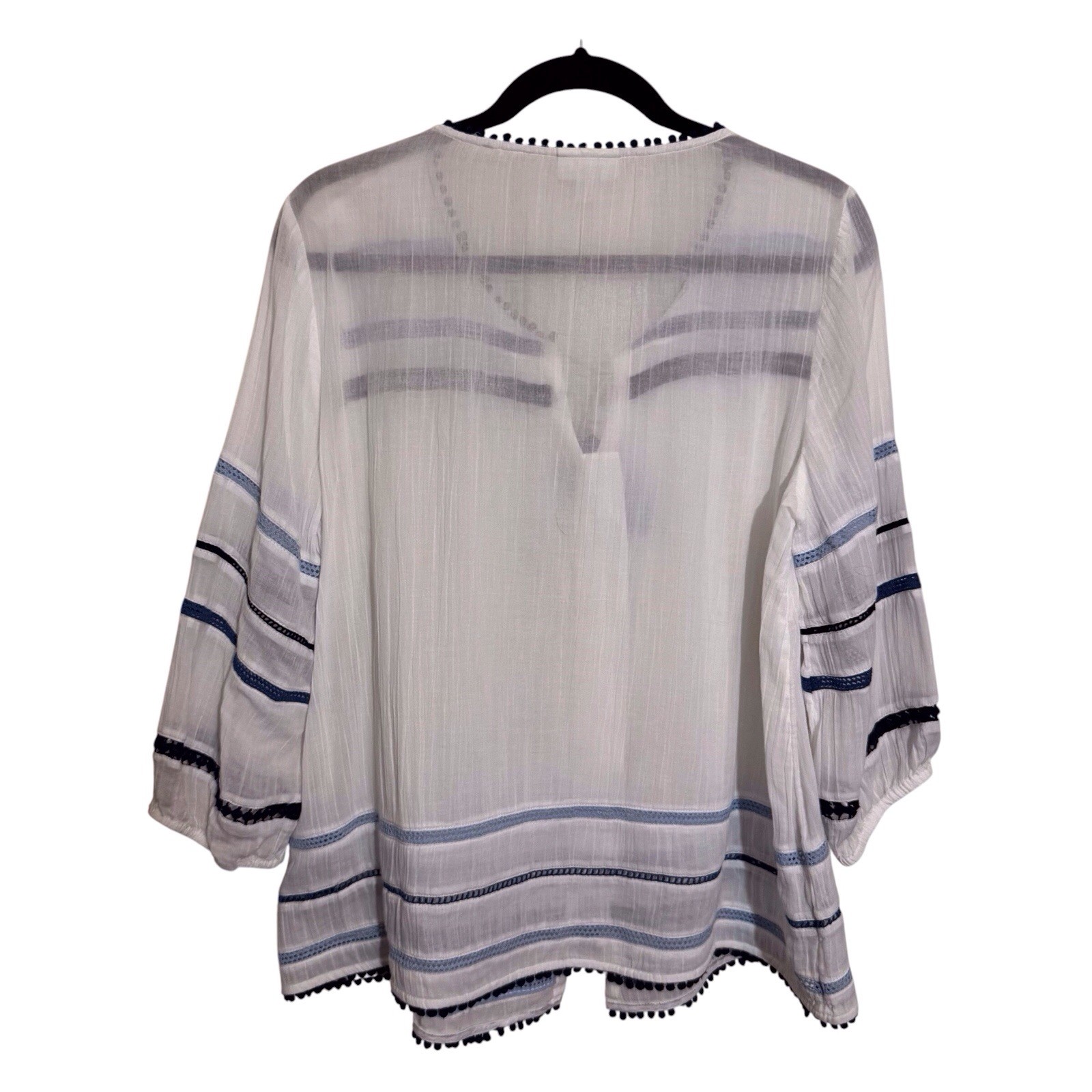 J. Jill Medium Petite White Blue Embroidered Gauze Top Tassel Beach Cotton Boho