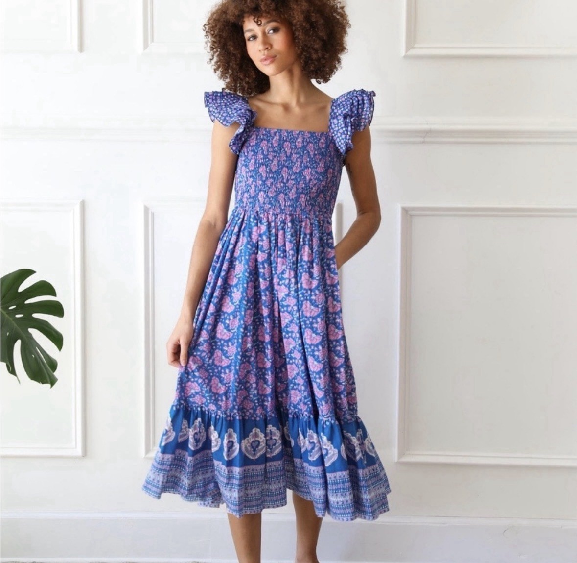 Mille Resort & Travel Floral Blue Midi Olympia Dress Fluttery Sleeves Small $268