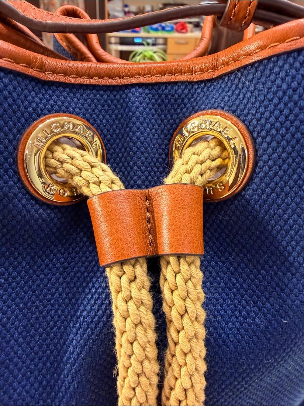 Michael Kors Marina Navy Canvas Tote Tan Leather Trim and Beige Drawstring NWOT