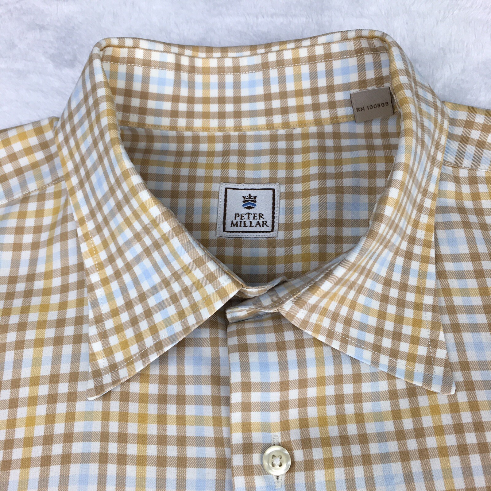Peter Millar Dress Shirt Mens Medium Tan/Lt. Blue Checks Long Sleeves