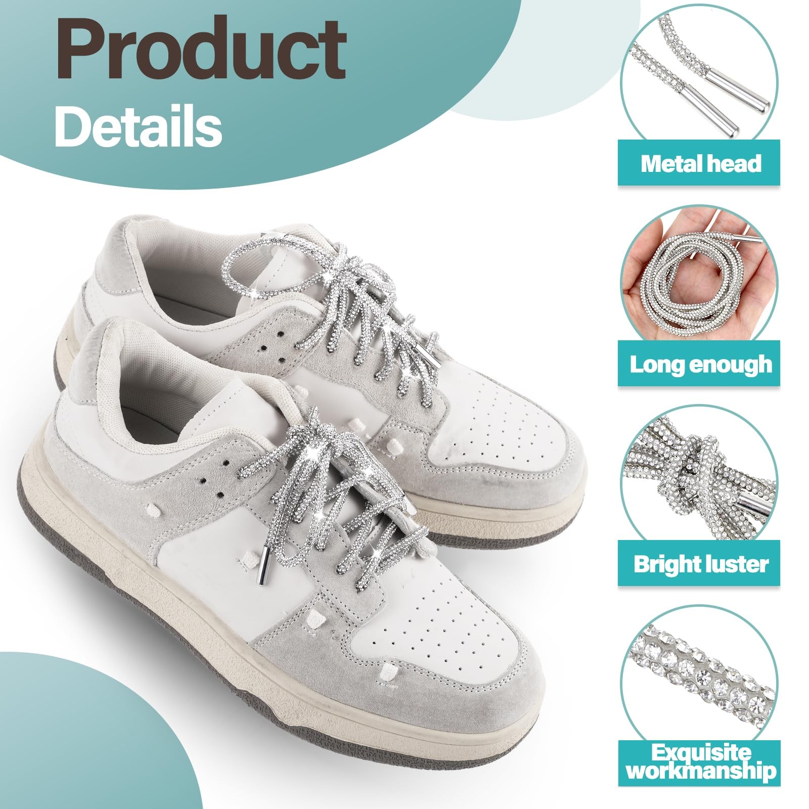 2Pcs Shoe Strings For Sneakers, Crystal Bling Bling Shiny Round Shoe Laces fo…
