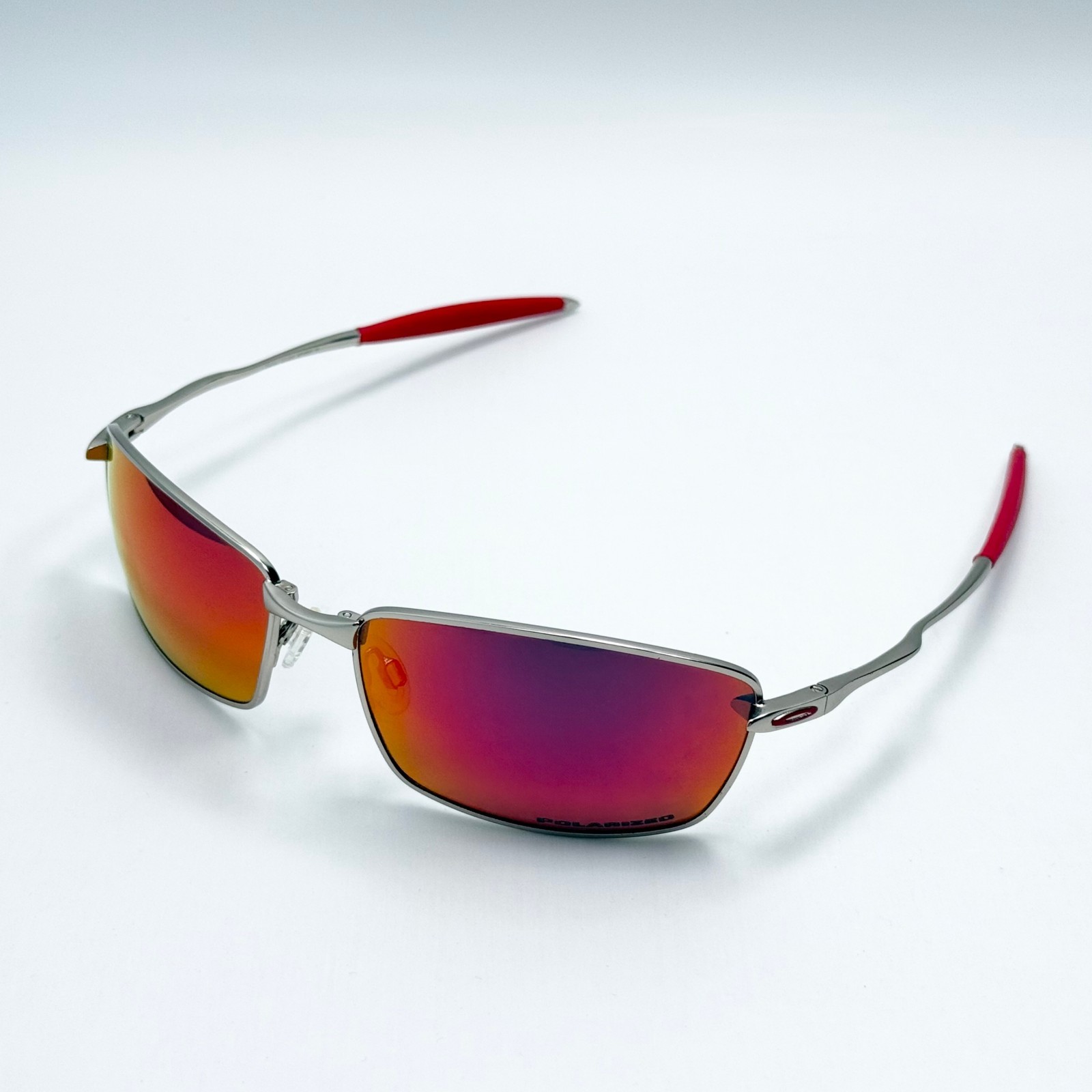 Oakley Whisker Sunglasses Silver Frame Ruby Lens Red Temple Metal Men
