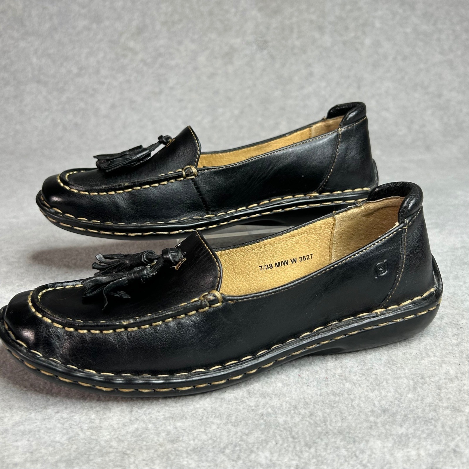 Born Black Leather Loafers Tassel Accent Stitching Comfort Slip On Shoes Women 7