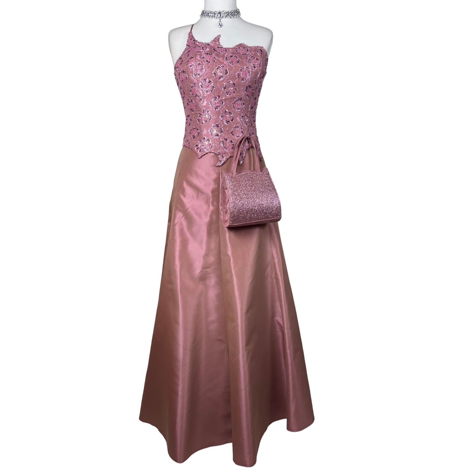 Vintage Pink Corset Prom Dress Set: Y2K Prom Gown Satin Gown, Glitter Bustier