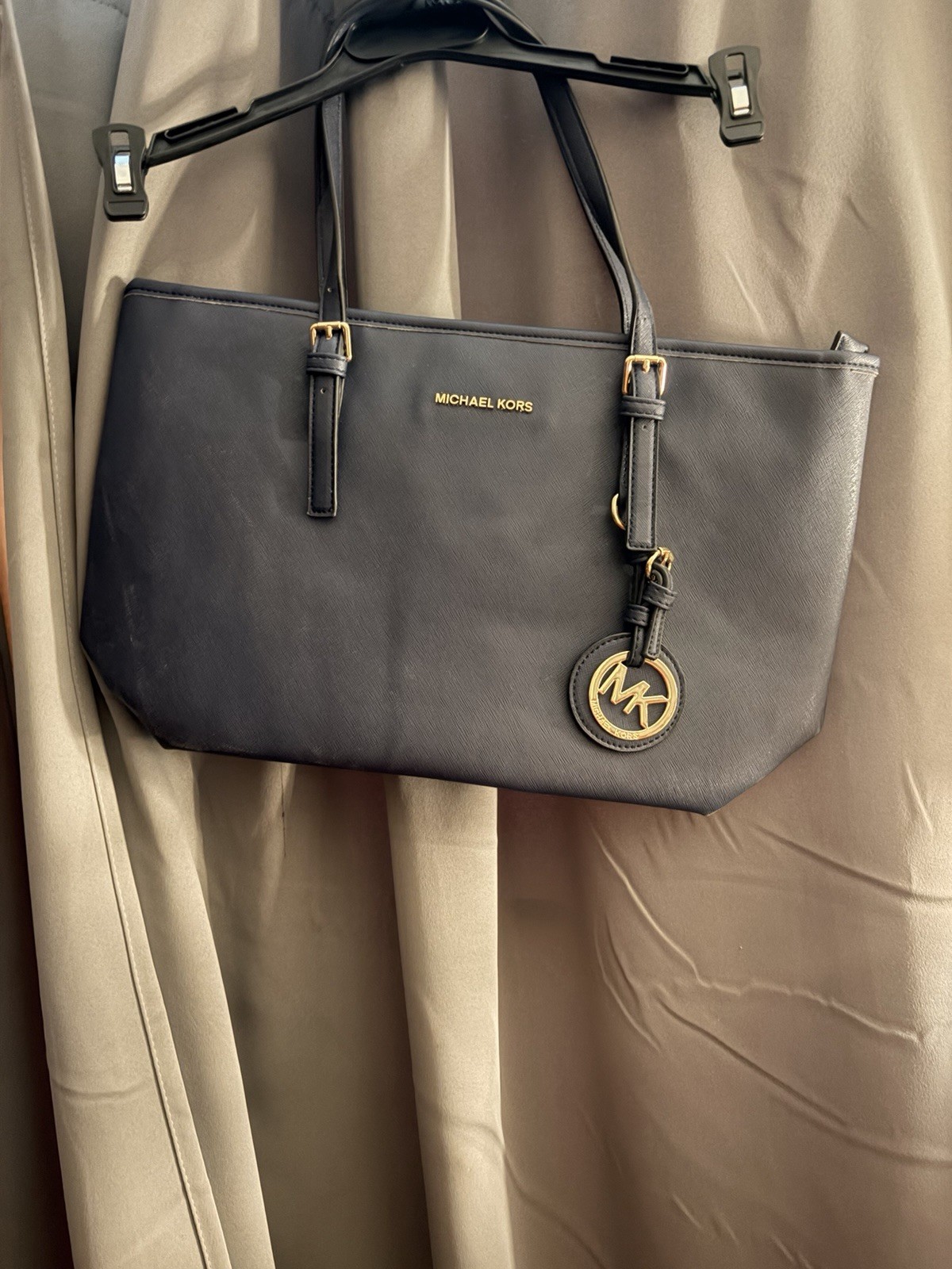 Michael Kors Black Solid Tote Zip Bag Double Handles Gold Hardware Charm Logo