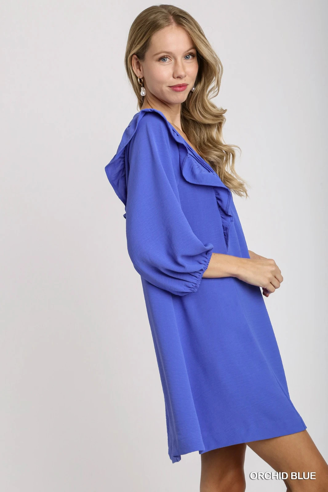 Umgee Orchid Blue Solid Balloon Long Sleeve Dress with Ruffle Details