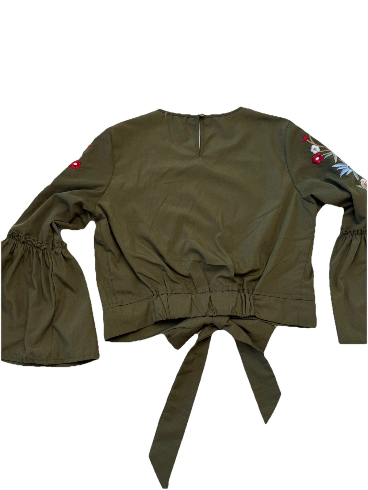 Roommates Gorgeous Embroidered M Olive Green Crop Top w/Bell Sleeves Boho Preppy