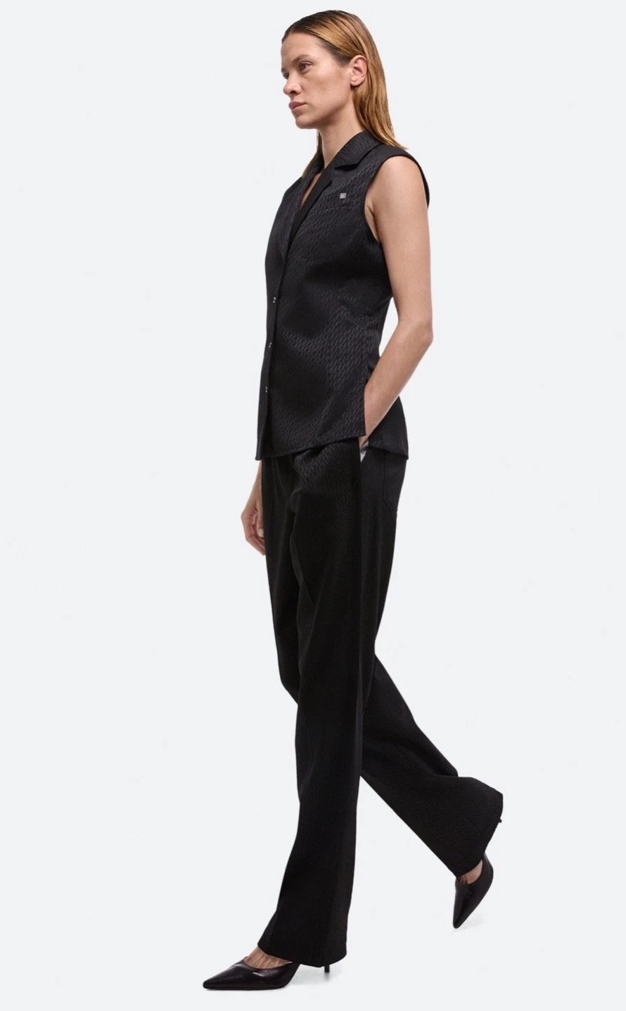 $545 HELMUT LANG Size 8 Sleeveless Modest Vest Black Tonal Jacquard Top