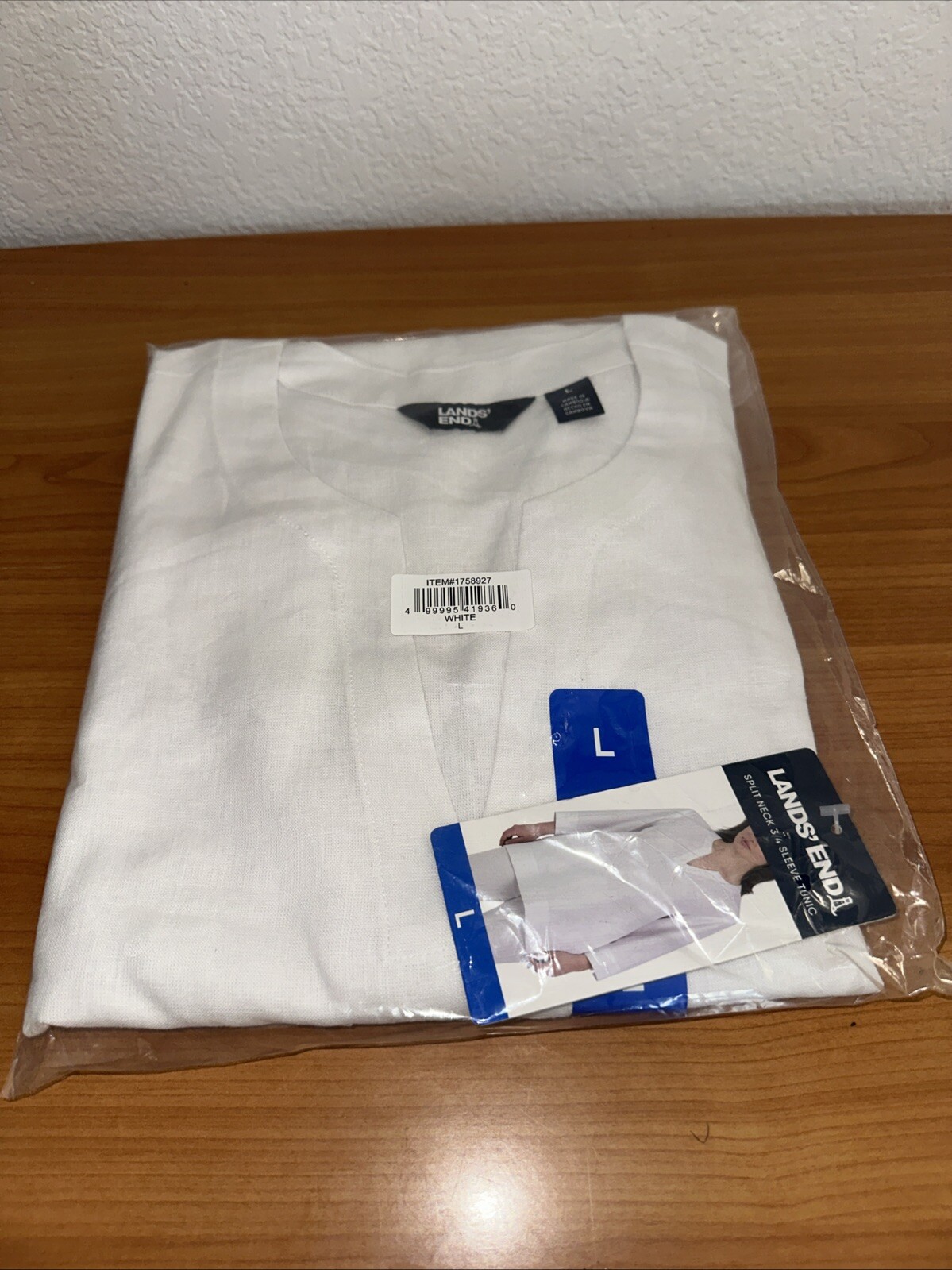 Lands’ End Women’s Spilt Neck 3/4 Sleeve Tunic Blouse, White, Size L NEW