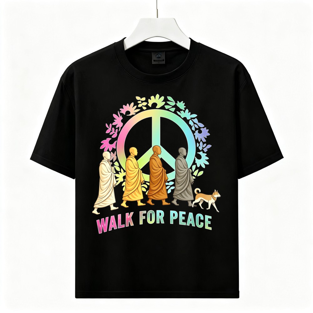 Walk For Peace Monks Peace Sign Graphic T‑Shirt Peace Lover Casual Daily Tee