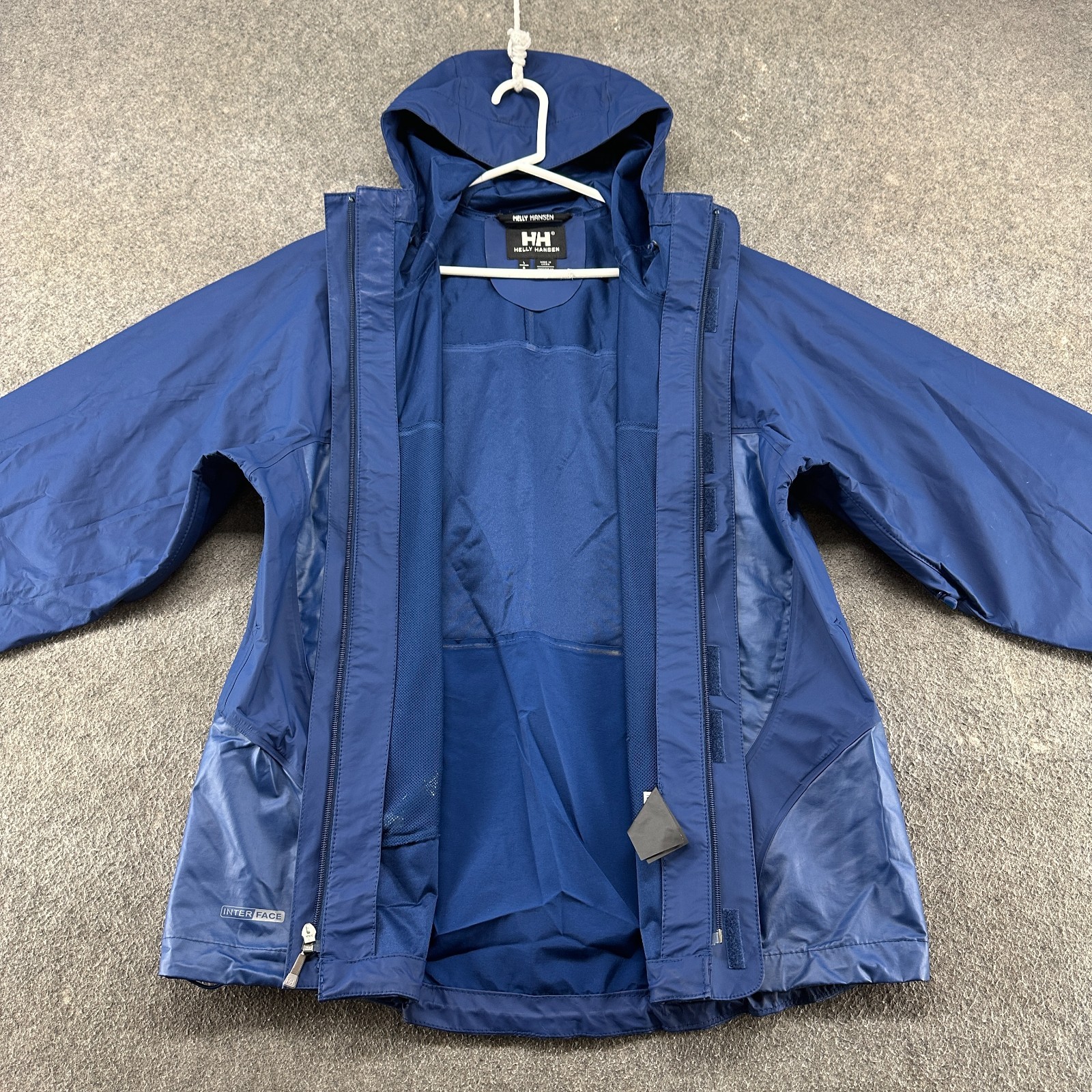 Helly Hansen Jacket Mens L Blue Hooded Rain Ski Snow PVC Mesh Lined Interface