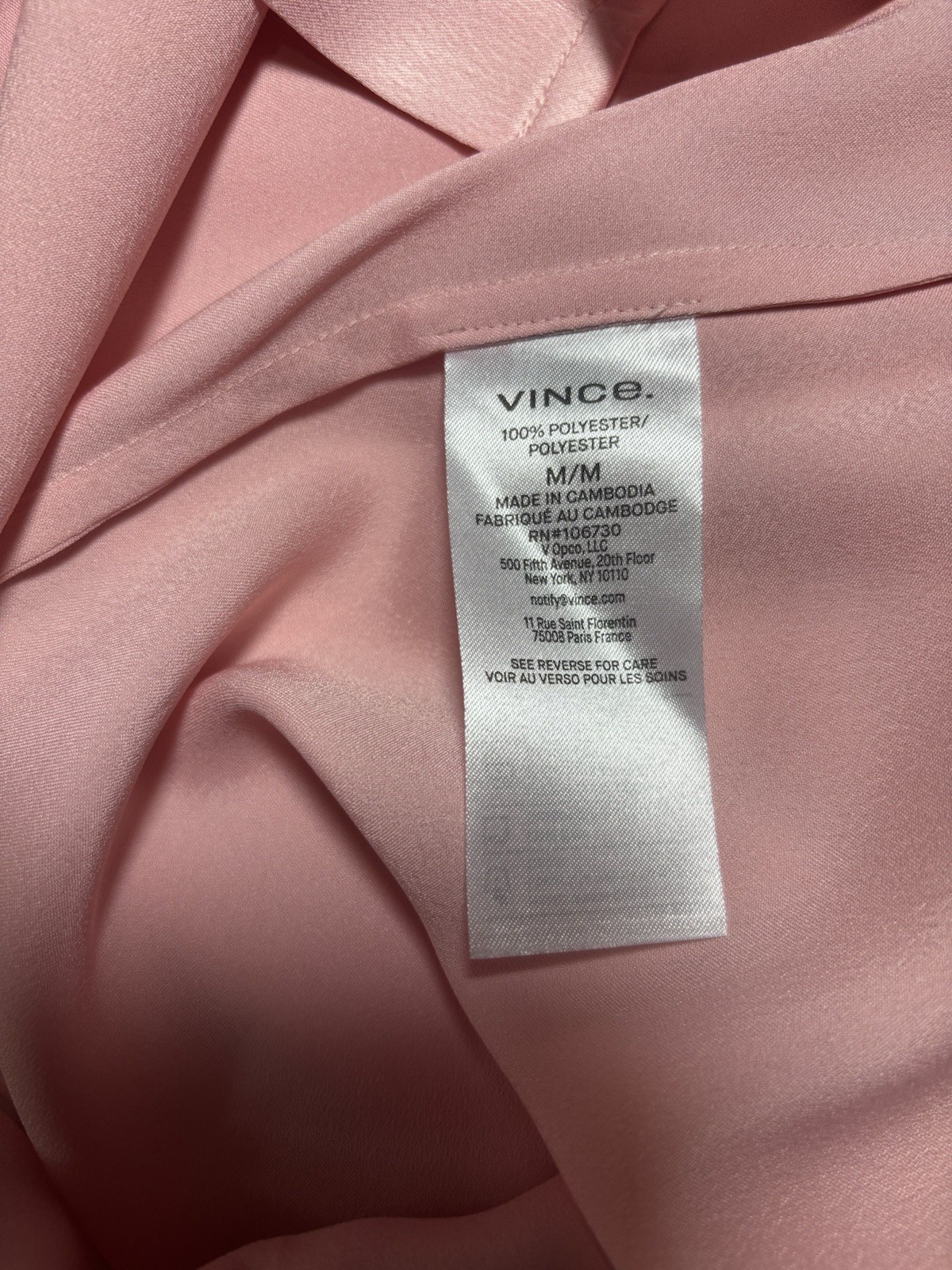Vince M Medium Womens Blouse Rose Pink Satin Split V Cap Sleeve Popover $295